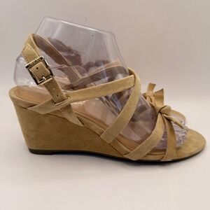 Vionic Yahara Wedge Sandals Wheat Tan Suede Bow Strappy Ankle Strap 7M NWT